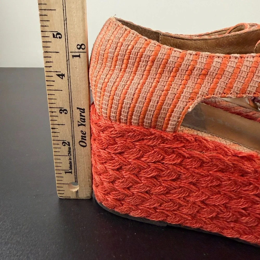Jeffrey Campbell Tahiti Last Platform Espadrilles Womens 7 Orange Raffia Lace-Up